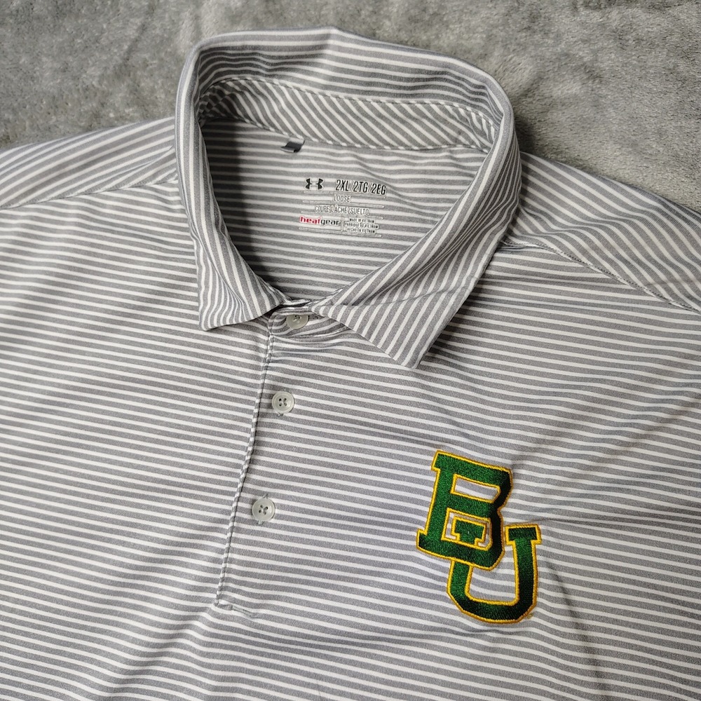 Under Armour Baylor Bears Polo Shirt Mens 2XL Grey Striped HeatGear Performance
